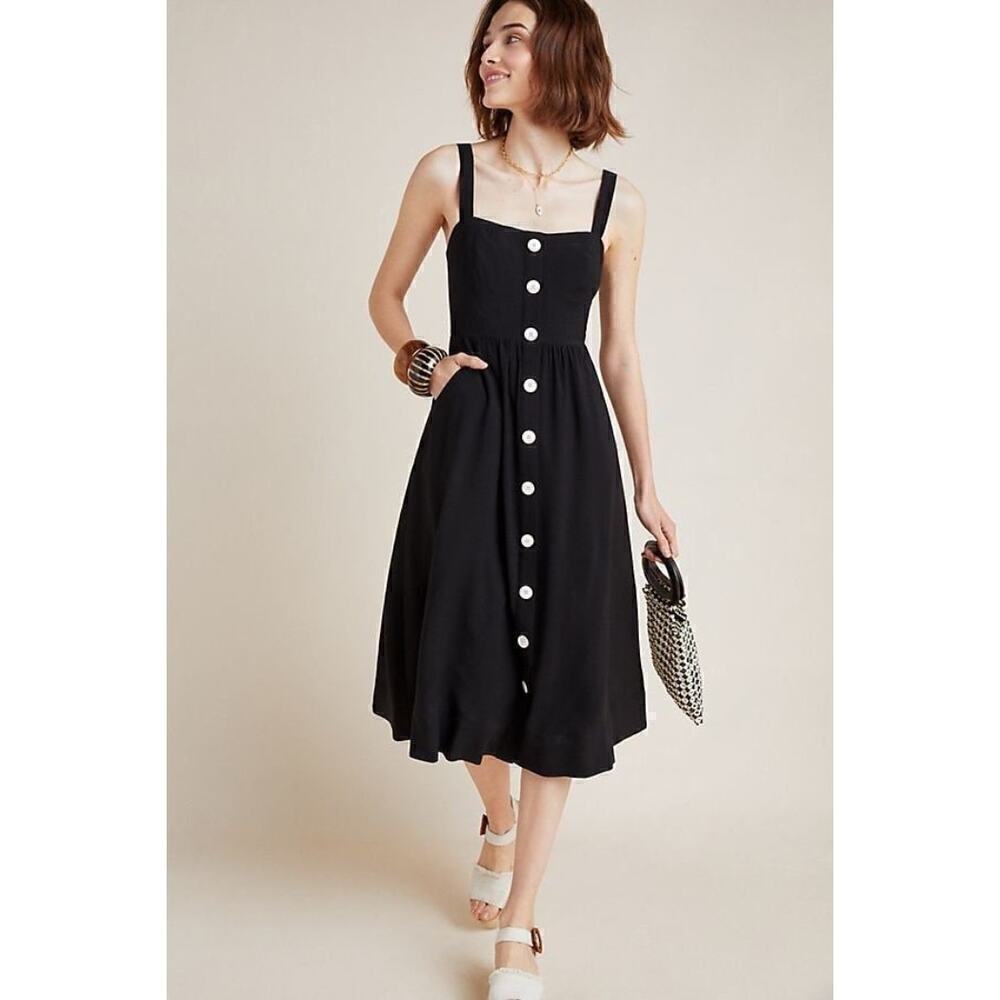 Maeve Black Midi Dress with White Buttons